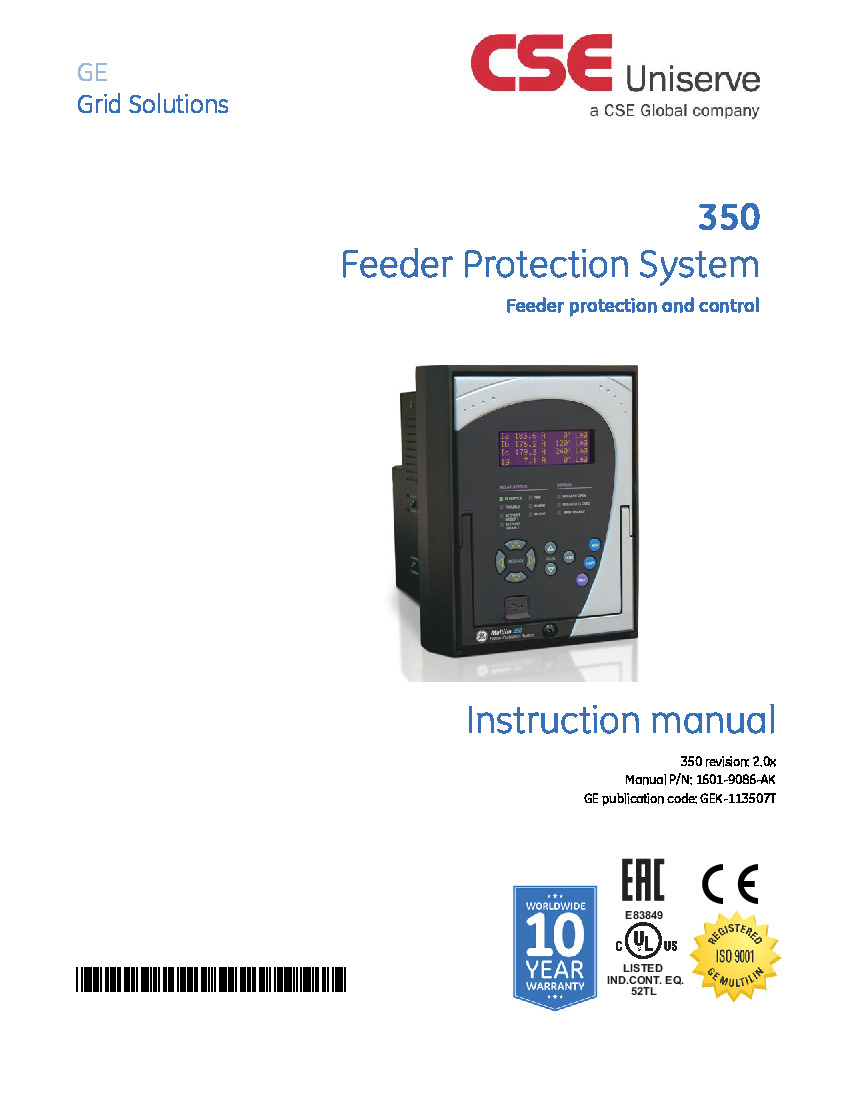 First Page Image of 350-E-P1-G1-H-E-S-C-M-3E-D-H 350 Feeder Protection System Manual 1601-9086-AK GEK-113507T.pdf